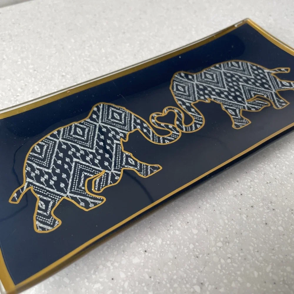 Elephant Heart Navy Blue Glass Trinket Dish Gold Trim Rectangular Tray Boho Love